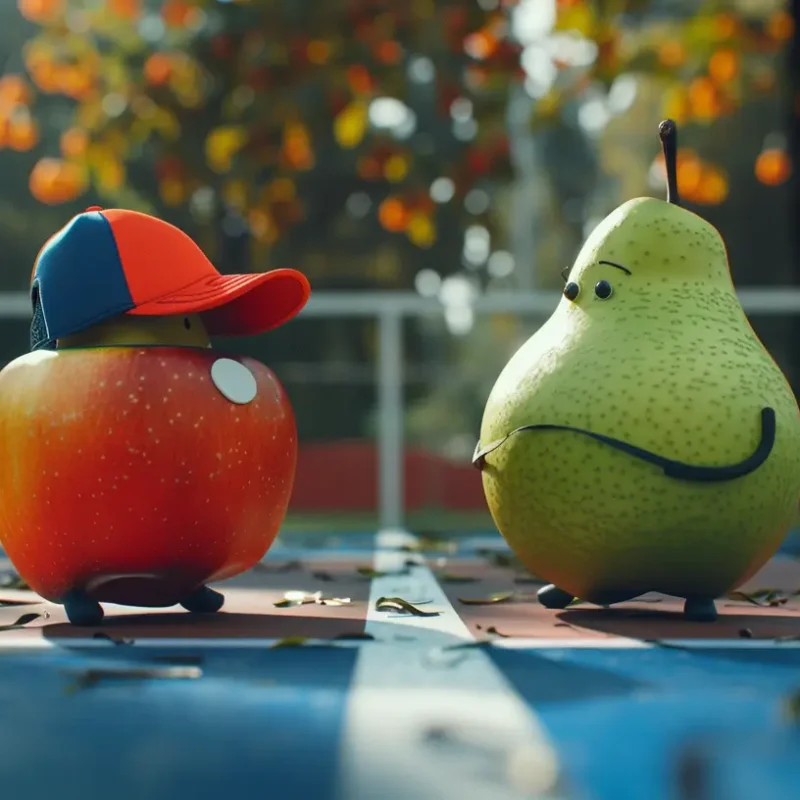 Apple and Pear in sports gear comparing at tennis court.