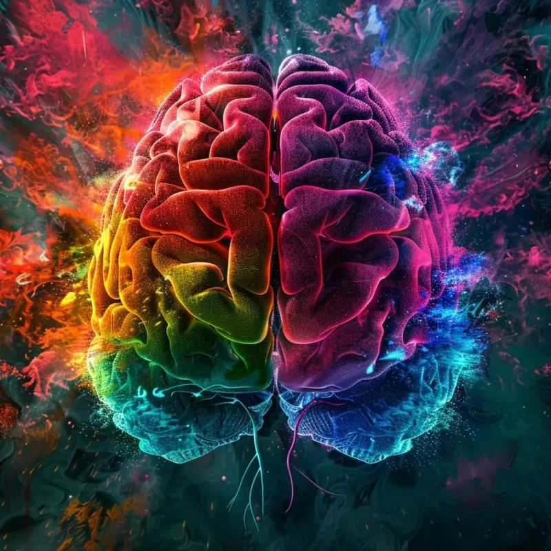 Vivid image of a brain, with splashes of color.