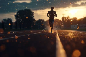 En fokuserad löpare i rörelse på en löparbana i gryningsljus, omgiven av en subtil energiaura som symboliserar mental styrka och koncentration.