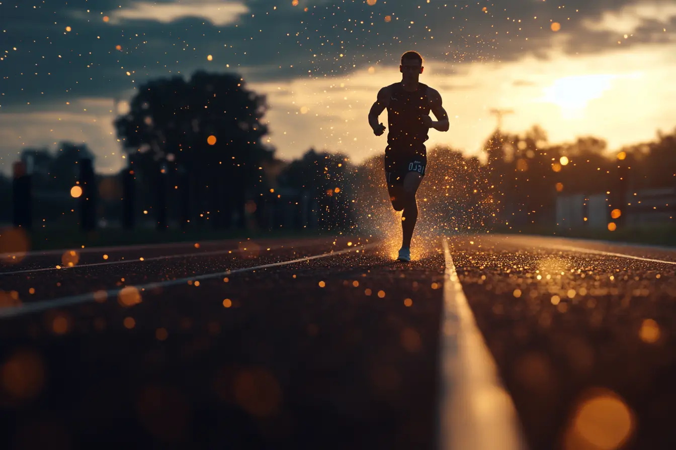 En fokuserad löpare i rörelse på en löparbana i gryningsljus, omgiven av en subtil energiaura som symboliserar mental styrka och koncentration.