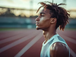 En fokuserad löpare tar ett djupt andetag vid startlinjen på en löparbana, redo att prestera med självkontroll och koncentration, perfekt illustration för mental träning inom idrott.