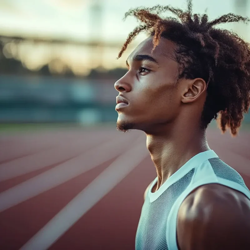 En fokuserad löpare tar ett djupt andetag vid startlinjen på en löparbana, redo att prestera med självkontroll och koncentration, perfekt illustration för mental träning inom idrott.