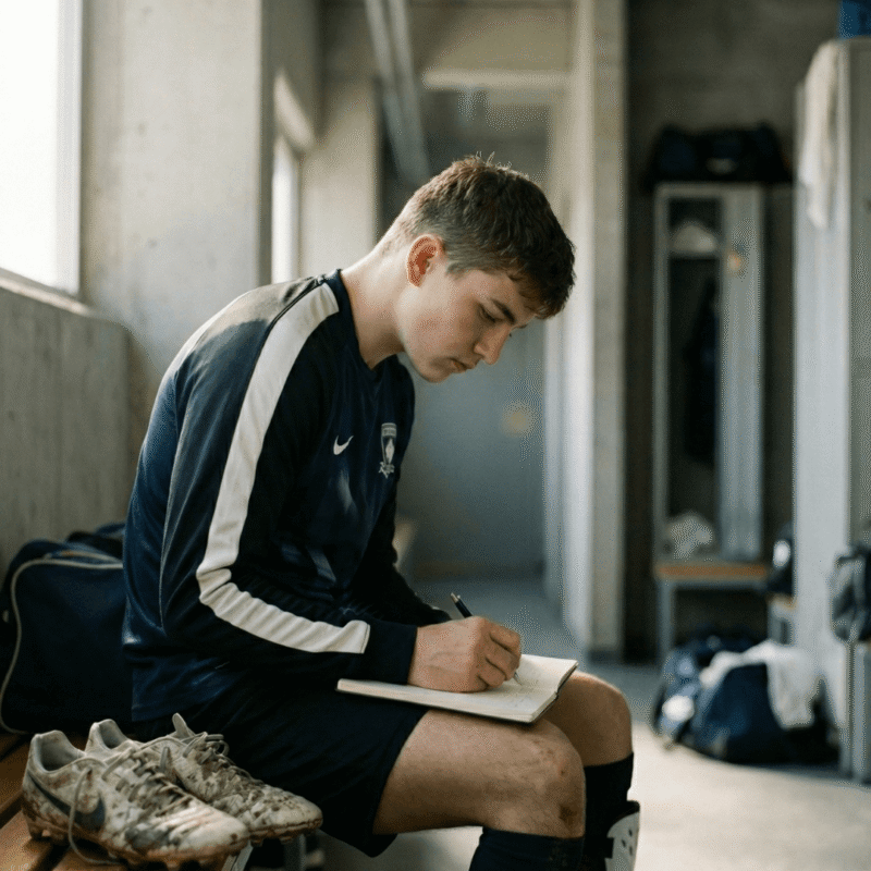 En 16–18-årig fotbollsspelare sitter ensam i omklädningsrummet efter träning eller match och reflekterar i lugn och ro med en öppen loggbok i knät.