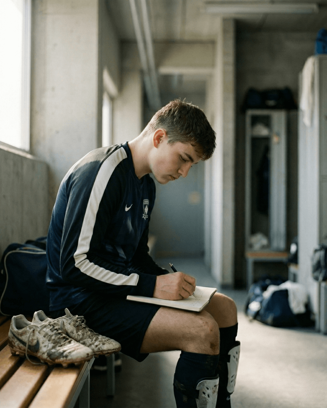 En 16–18-årig fotbollsspelare sitter ensam i omklädningsrummet efter träning eller match och reflekterar i lugn och ro med en öppen loggbok i knät.